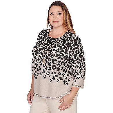 Plus Size Alfred Dunner Animal Print Crew Neck Top with Necklace