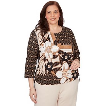 Plus Size Alfred Dunner Floral Geometric Patchwork Side Tie Top