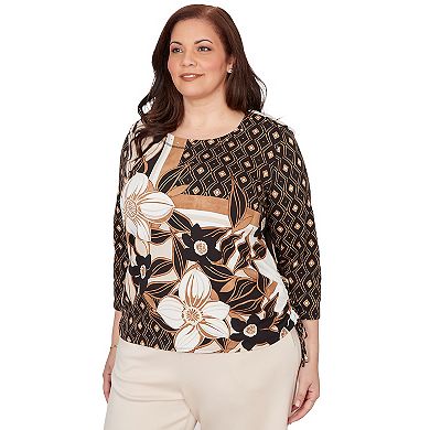 Plus Size Alfred Dunner Floral Geometric Patchwork Side Tie Top