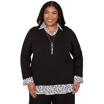 Plus Size Alfred Dunner Print Woven Two-in-One Sweater with Necklace