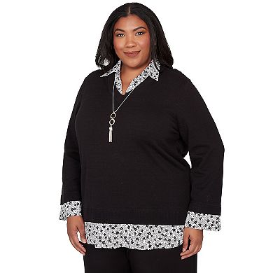 Plus Size Alfred Dunner Print Woven Two-in-One Sweater with Necklace