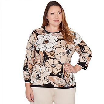 Plus Size Alfred Dunner Jacquard Floral Butterfly Sweater
