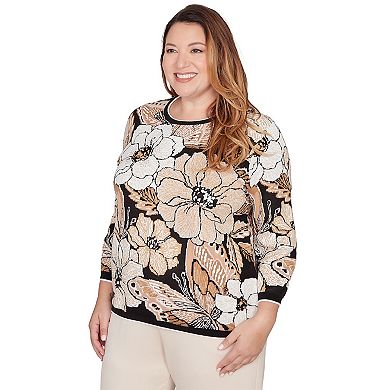 Plus Size Alfred Dunner Jacquard Floral Butterfly Sweater