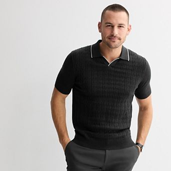 Men's Apt. 9® Short Sleeve Cable Stitch Johnny Collar Sweater