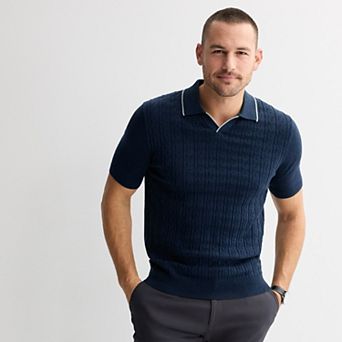 Men's Apt. 9® Short Sleeve Cable Stitch Johnny Collar Sweater