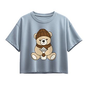 Girls' Teddy Bear Holding Coffee Cup Boxy Graphic Tee
