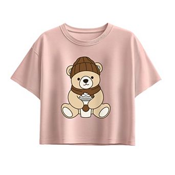 Girls' Teddy Bear Holding Coffee Cup Boxy Graphic Tee