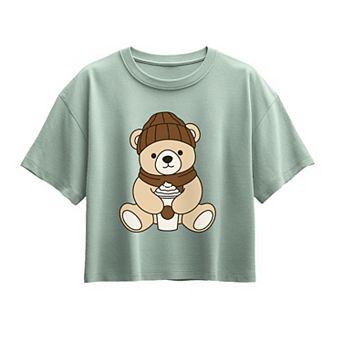 Girls' Teddy Bear Holding Coffee Cup Boxy Graphic Tee