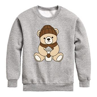 Girls 7-16 Teddy Bear Holding Coffee Cup Crew Fleece Sweatshirt