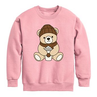 Girls 7-16 Teddy Bear Holding Coffee Cup Crew Fleece Sweatshirt