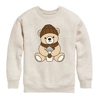 Girls 7-16 Teddy Bear Holding Coffee Cup Crew Fleece Sweatshirt