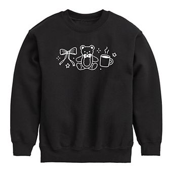 Girls 7-16 Teddy Bear, Coffee, & Bow Crew Fleece Sweatshirt