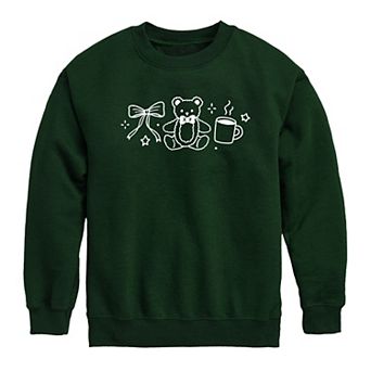 Girls 7-16 Teddy Bear, Coffee, & Bow Crew Fleece Sweatshirt