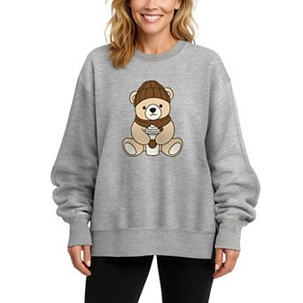 Women's Teddy Bear Holding Coffee Cup Oversized Fleece Crew Sweatshirt
