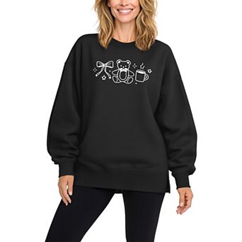 Women's Teddy Bear & Bow Oversized Fleece Crew Sweatshirt