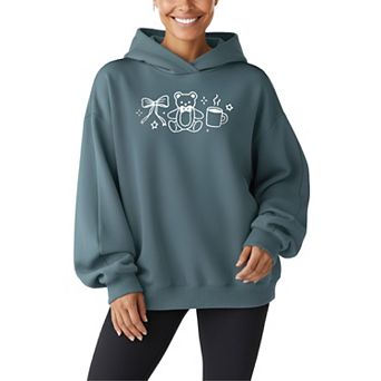 Women's Teddy Bear & Bow Oversized Fleece Hoodie Sweatshirt