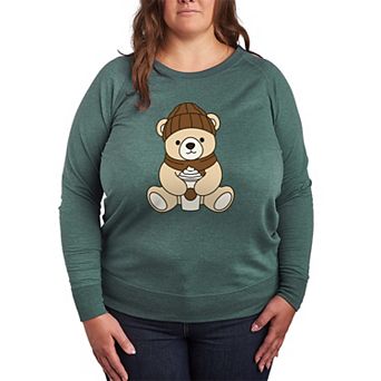 Plus Size Teddy Bear Holding Coffee Cup French Terry Long Sleeve Tee