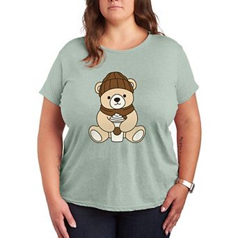 Plus Size Teddy Bear Holding Coffee Cup Short Sleeve Graphic Tee