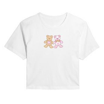 Juniors' Teddy Bear Pair Heart Cropped Tee