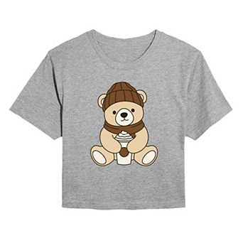 Juniors' Teddy Bear Holding Coffee Cup Cropped Tee