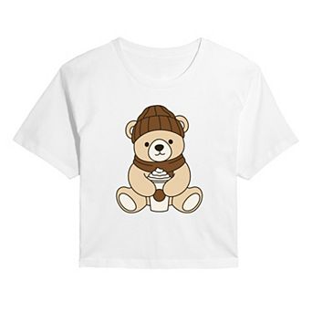 Juniors' Teddy Bear Holding Coffee Cup Cropped Tee
