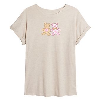 Juniors' Teddy Bear Pair Heart Oversized Tee