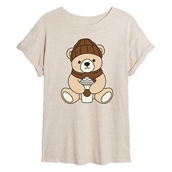 Juniors' Teddy Bear Holding Coffee Cup Oversized Tee