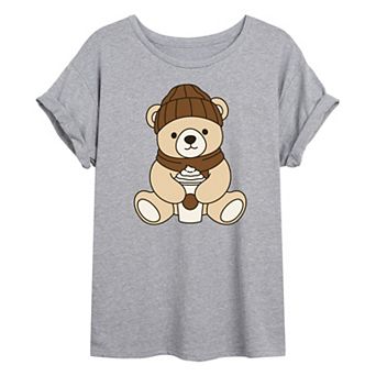 Juniors' Teddy Bear Holding Coffee Cup Oversized Tee