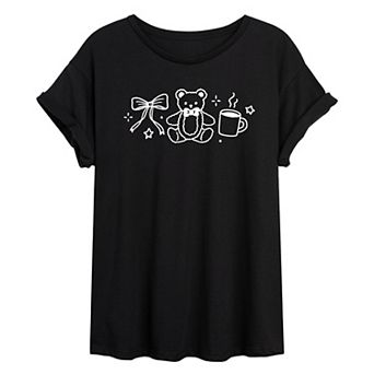 Juniors' Teddy Bear & Coffee Oversized Tee