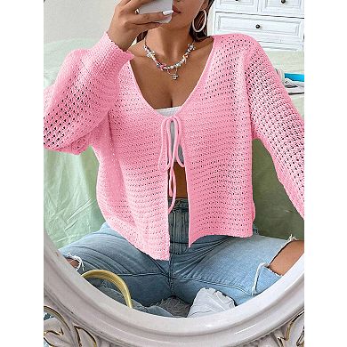 Women's Plus Size Cardigan Hollow Out Open Knit Sweater Tie Front Shrug Long Sleeve Lightweight Top