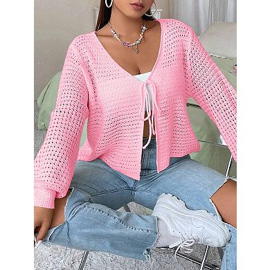 Women's Plus Size Cardigan Hollow Out Open Knit Sweater Tie Front Shrug Long Sleeve Lightweight Top