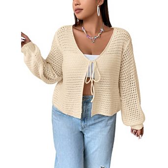 Women's Plus Size Cardigan Hollow Out Open Knit Sweater Tie Front Shrug Long Sleeve Lightweight Top