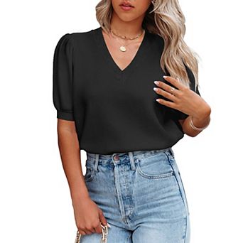 Women's Lightweight V Neck Short Sleeve Knit Pullover Layered Sweaters Top