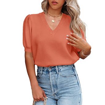 Women's Lightweight V Neck Short Sleeve Knit Pullover Layered Sweaters Top