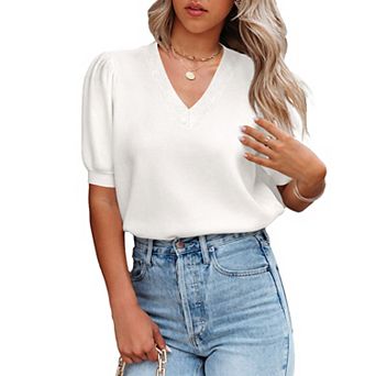 Women's Lightweight V Neck Short Sleeve Knit Pullover Layered Sweaters Top