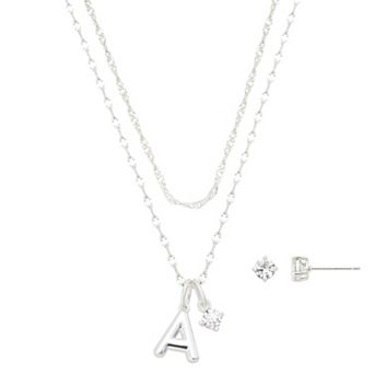 Isla & Alex Fine Silver Plated Cubic Zirconia Initial Pendant Necklace & Earrings Set