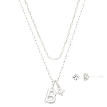 Isla & Alex Fine Silver Plated Cubic Zirconia Initial Pendant Necklace & Earrings Set