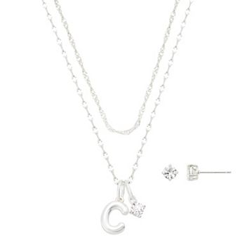 Isla & Alex Fine Silver Plated Cubic Zirconia Initial Pendant Necklace & Earrings Set