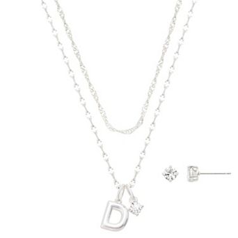 Isla & Alex Fine Silver Plated Cubic Zirconia Initial Pendant Necklace & Earrings Set