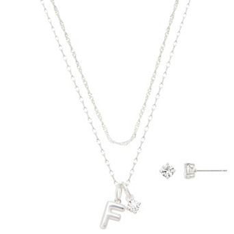 Isla & Alex Fine Silver Plated Cubic Zirconia Initial Pendant Necklace & Earrings Set