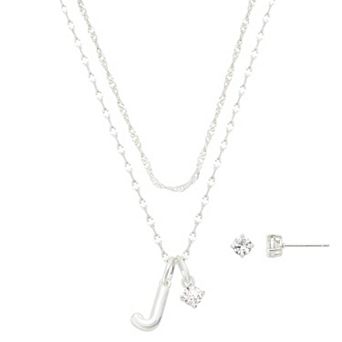 Isla & Alex Fine Silver Plated Cubic Zirconia Initial Pendant Necklace & Earrings Set