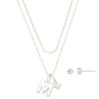 Isla & Alex Fine Silver Plated Cubic Zirconia Initial Pendant Necklace & Earrings Set