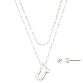 Isla & Alex Fine Silver Plated Cubic Zirconia Initial Pendant Necklace & Earrings Set