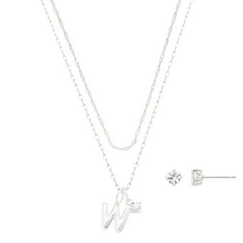 Isla & Alex Fine Silver Plated Cubic Zirconia Initial Pendant Necklace & Earrings Set