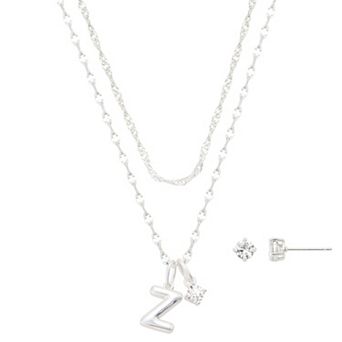 Isla & Alex Fine Silver Plated Cubic Zirconia Initial Pendant Necklace & Earrings Set