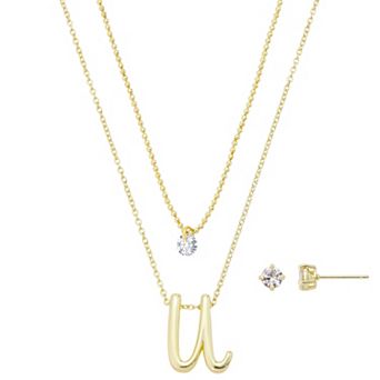 Isla & Alex Gold Flash Plated Cubic Zirconia Initial Pendant Necklace & Earring Set