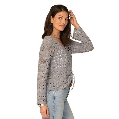 Women's Flint & Moss Ruched V-Neck Crochet Sweater