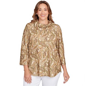 Hearts of Palm Plus Size Neutral Ground Printed Hatchi Cowl Neck Top