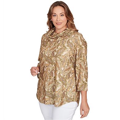 Hearts of Palm Plus Size Neutral Ground Printed Hatchi Cowl Neck Top