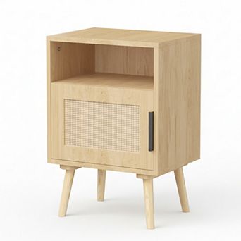 Homy Casa 22.83"H Rattan Nightstand with Door and Open Shelf for Bedroom or Small Spaces